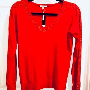 Vila Milano Women’s Red Pullover V Neck Sweater Rhinestones Size Small NWT